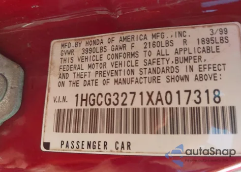 1999 Honda Accord Ex z USA, uszkodzony, nr VIN 1HGCG3271XA017318